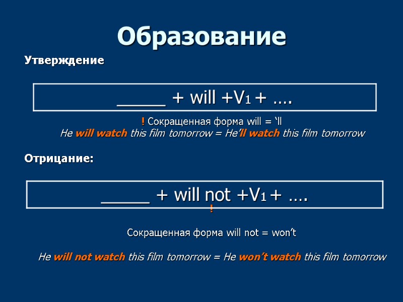 Образование Утверждение      ! Сокращенная форма will = ‘ll He